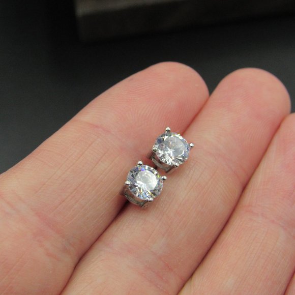 Sterling Silver Plain Round CZ Earrings - Picture 2 of 6